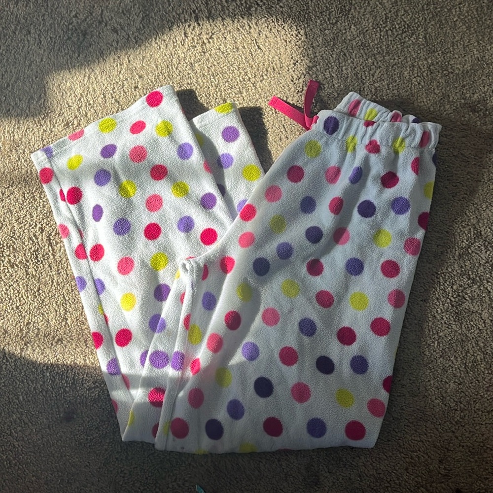 pink purple and yellow polka dot white pajama pants, in good quality.